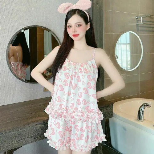 Đồ bộ quần đùi bèo áo dây hoạ tiết mặc nhà