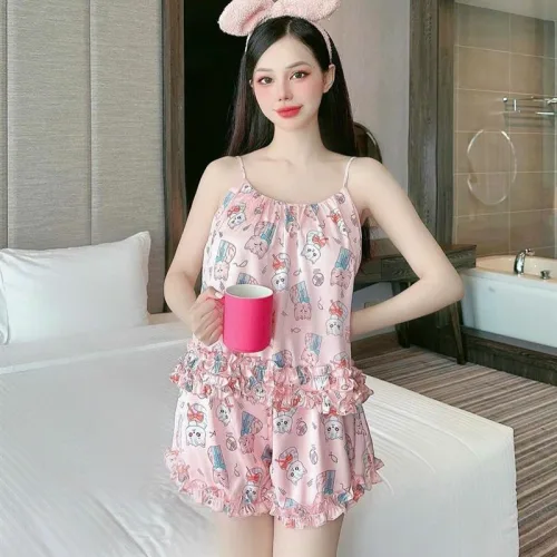 Đồ bộ quần đùi bèo áo dây hoạ tiết mặc nhà