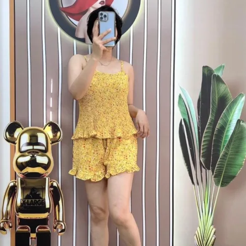 Đồ bộ quần đùi bèo áo dây mặc hoạ tiết mặc nhà