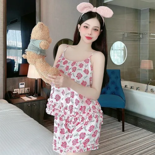 Đồ bộ quần đùi bèo áo dây mát hoạ tiết mặc nhà