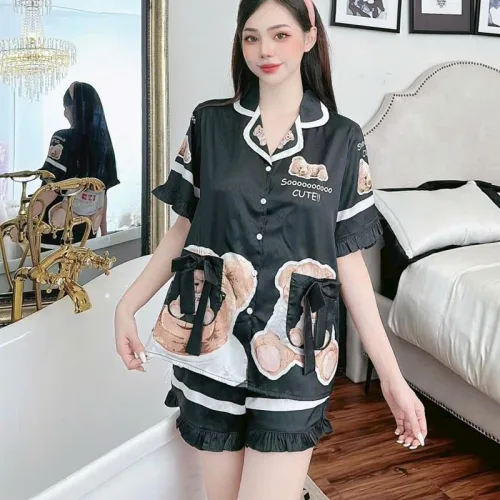 Đồ bộ quần đùi bèo áo tay ngắn cổ bẻ hoạ tiết