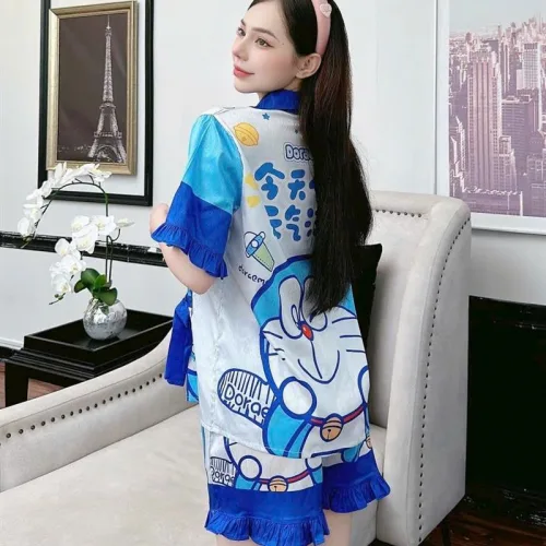 Đồ bộ quần đùi bèo áo tay ngắn cổ bẻ hoạ tiết