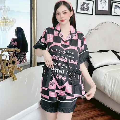 Đồ bộ quần đùi bèo áo tay ngắn cổ bẻ hoạ tiết