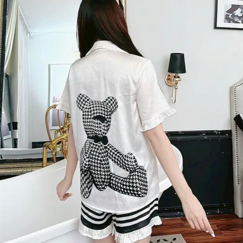Đồ bộ quần đùi bèo áo tay ngắn cổ bẻ hoạ tiết dể thương