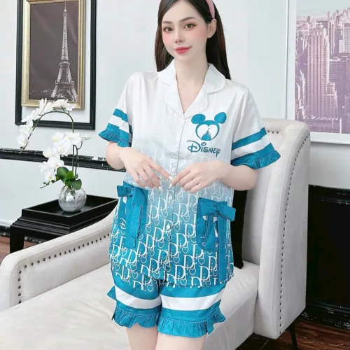 Đồ bộ quần đùi bèo áo tay ngắn cổ bẻ hoạ tiết dể thương