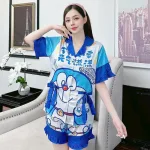 Đồ bộ quần đùi bèo áo tay ngắn cổ bẻ hoạ tiết dể thương