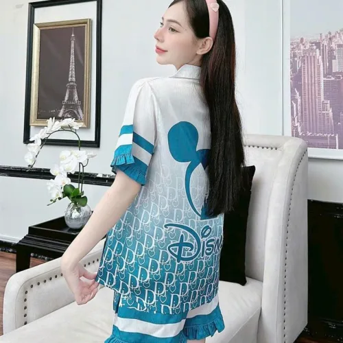 Đồ bộ quần đùi bèo áo tay ngắn cổ bẻ hoạ tiết dể thương