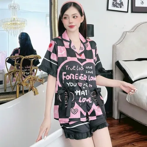 Đồ bộ quần đùi bèo áo tay ngắn cổ bẻ hoạ tiết dể thương