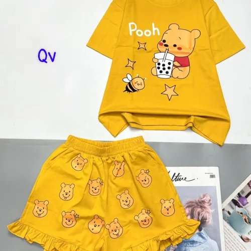 đồ bộ quần đùi bèo áo tay ngắn in hình gấu