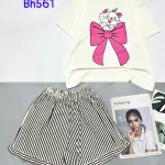 đồ bộ quần đùi bèo sọc áo tay ngắn in mèo nơ