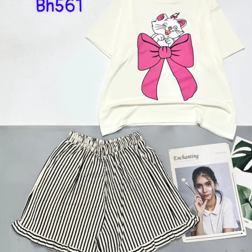 đồ bộ quần đùi bèo sọc áo tay ngắn in mèo nơ