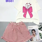 đồ bộ quần đùi bèo sọc áo tay ngắn in mèo nơ