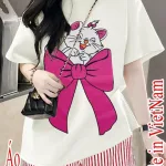 đồ bộ quần đùi bèo sọc áo tay ngắn in mèo nơ