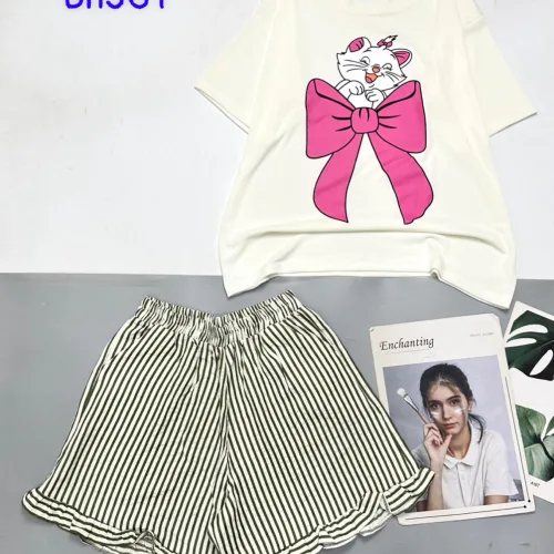 đồ bộ quần đùi bèo sọc áo tay ngắn in mèo nơ