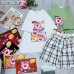 Đồ bộ quần đùi caro áo tay ngắn in hình gấu