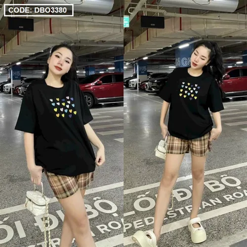 Đồ bộ quần đùi caro áo tay ngắn in hình trái tim nhỏ