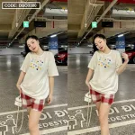 Đồ bộ quần đùi caro áo tay ngắn in hình trái tim nhỏ