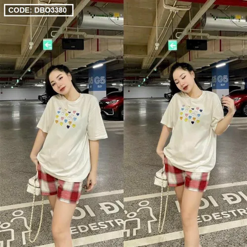 Đồ bộ quần đùi caro áo tay ngắn in hình trái tim nhỏ