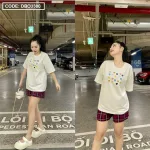 Đồ bộ quần đùi caro áo tay ngắn in hình trái tim nhỏ