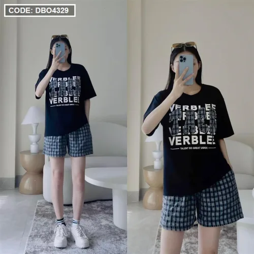 Đồ bộ quần đùi caro áo tay ngắn thuê chữ TAER