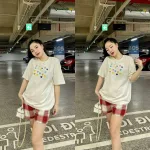 Đồ bộ quần đùi caro tay ngắn cổ tròn in hình tim