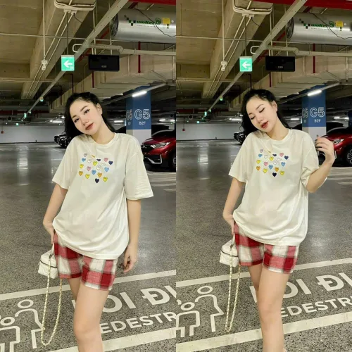 Đồ bộ quần đùi caro tay ngắn cổ tròn in hình tim