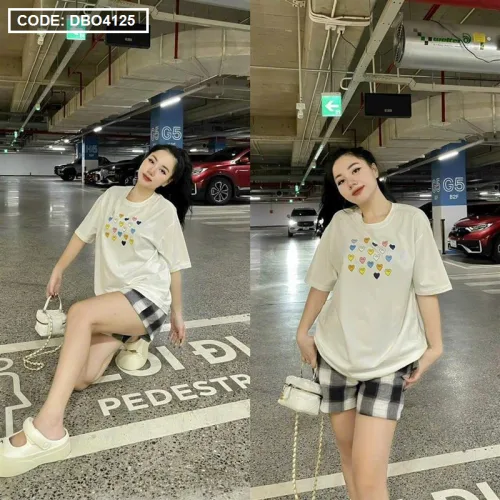 Đồ bộ quần đùi caro tay ngắn cổ tròn in hình tim