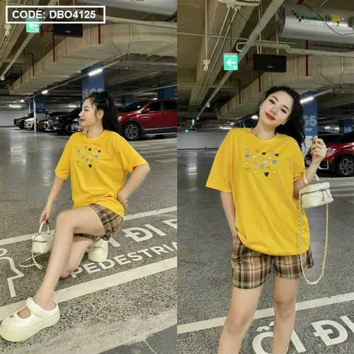 Đồ bộ quần đùi caro tay ngắn cổ tròn in hình tim