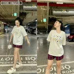 Đồ bộ quần đùi caro tay ngắn cổ tròn in hình tim