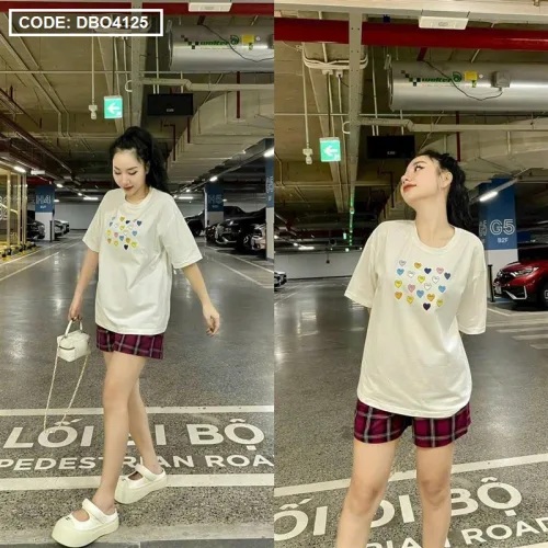 Đồ bộ quần đùi caro tay ngắn cổ tròn in hình tim
