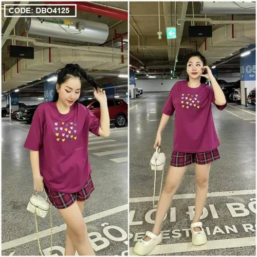 Đồ bộ quần đùi caro tay ngắn cổ tròn in hình tim