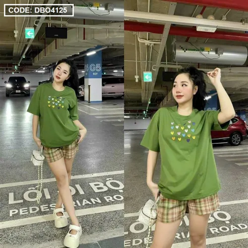Đồ bộ quần đùi caro tay ngắn cổ tròn in hình tim