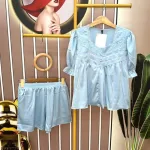 Đồ bộ quần đùi cổ vuông áo tay lửng bèo màu trơn