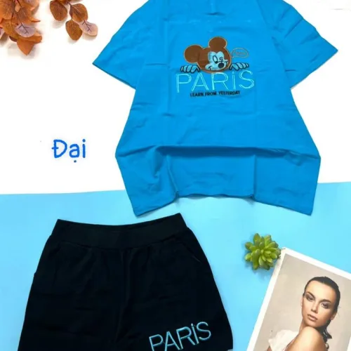 Đồ bộ quần đùi đen áo tay ngắn in hình chuột form rộng