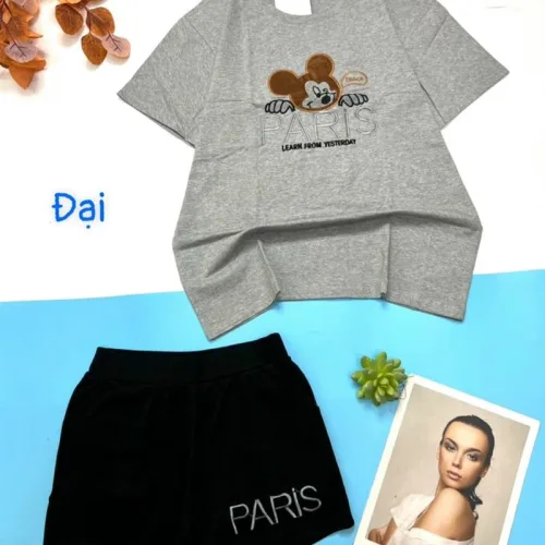 Đồ bộ quần đùi đen áo tay ngắn in hình chuột form rộng