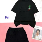 Đồ bộ quần đùi đen áo tay ngắn in hình form rộng