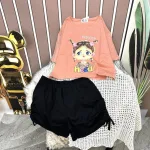 Đồ bộ quần đùi đen rút dây áo crop tay ngắn in hình