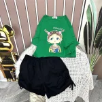 Đồ bộ quần đùi đen rút dây áo crop tay ngắn in hình