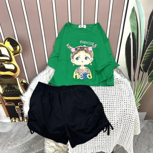 Đồ bộ quần đùi đen rút dây áo crop tay ngắn in hình