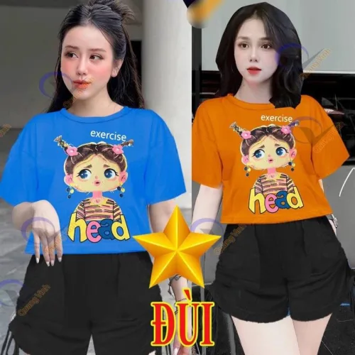 Đồ bộ quần đùi đen rút dây áo crop tay ngắn in hình