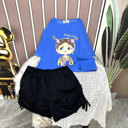Đồ bộ quần đùi đen rút dây áo crop tay ngắn in hình