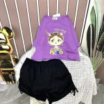 Đồ bộ quần đùi đen rút dây áo crop tay ngắn in hình