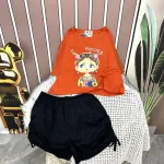 Đồ bộ quần đùi đen rút dây áo crop tay ngắn in hình