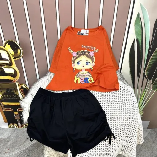 Đồ bộ quần đùi đen rút dây áo crop tay ngắn in hình