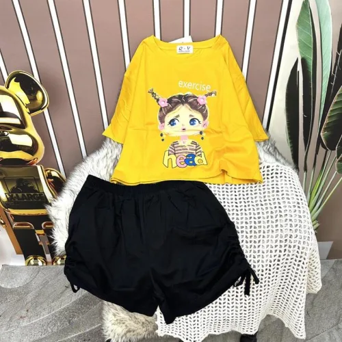Đồ bộ quần đùi đen rút dây áo crop tay ngắn in hình
