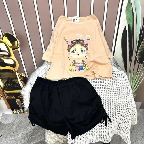 Đồ bộ quần đùi đen rút dây áo crop tay ngắn in hình