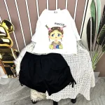 Đồ bộ quần đùi đen rút dây áo crop tay ngắn in hình