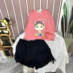 Đồ bộ quần đùi đen rút dây áo crop tay ngắn in hình
