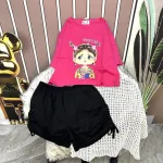 Đồ bộ quần đùi đen rút dây áo crop tay ngắn in hình