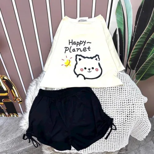 Đồ bộ quần đùi đen rút dây áo tay ngắn in hình